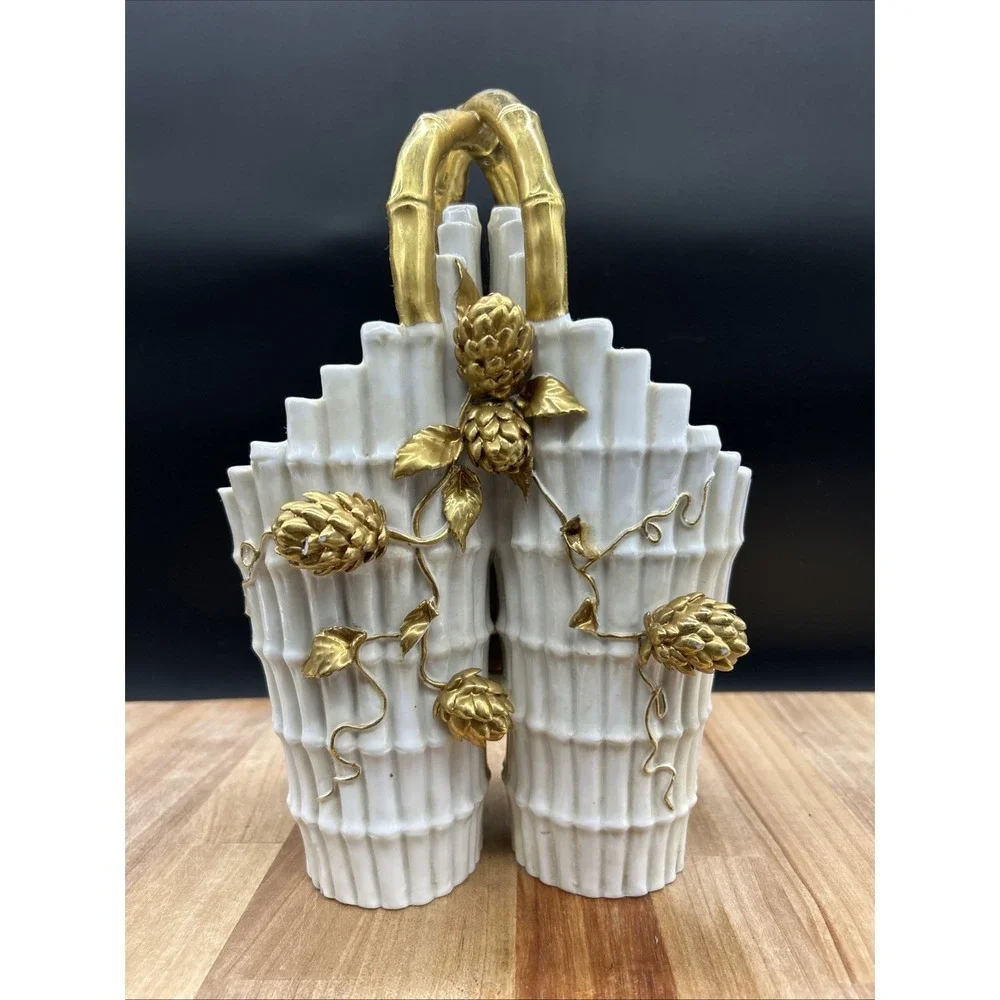 Royal Worcester Aesthetic 1800s Ivory & Gold Bamboo Porcelain Double Vase